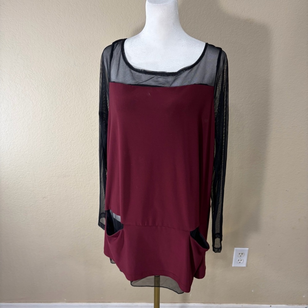 Sympli mesh sleeve tunic top Sz 10 Burgundy Goth Grunge Bikercore Whimsigoth